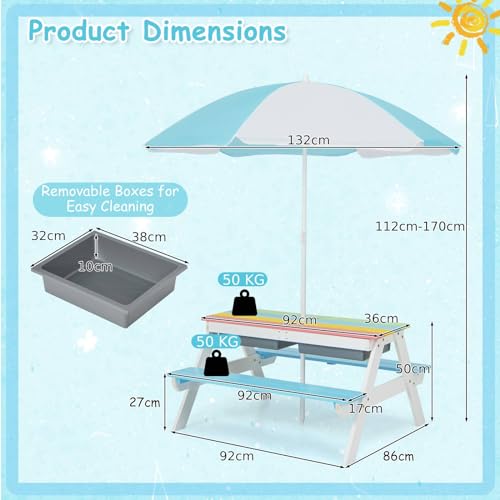 Mesa de Picnic para niños, Mesa de Juego de Agua y Arena de Madera 3 en 1 y Juego de Banco, Muebles de jardín para niños, sombrilla (Colorido)