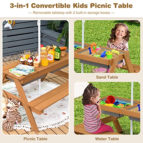 Mesa de Picnic para niños, Mesa de Juego de Agua y Arena de Madera 3 en 1 y Juego de Banco, Muebles de jardín para niños, sombrilla (Verde+Amarillo+Azul)