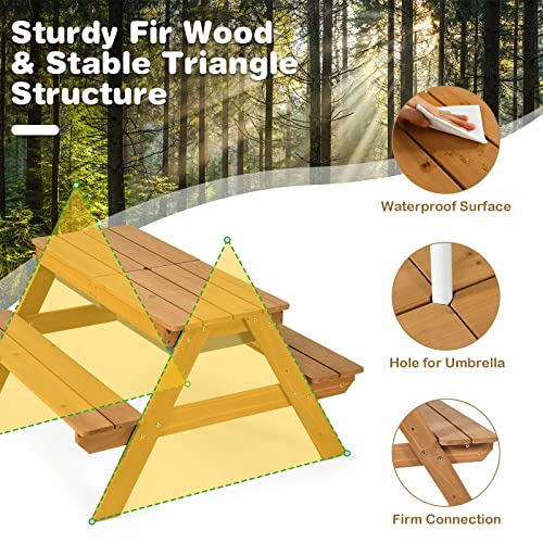 Mesa de Picnic para niños, Mesa de Juego de Agua y Arena de Madera 3 en 1 y Juego de Banco, Muebles de jardín para niños, sombrilla (Verde+Amarillo+Azul)