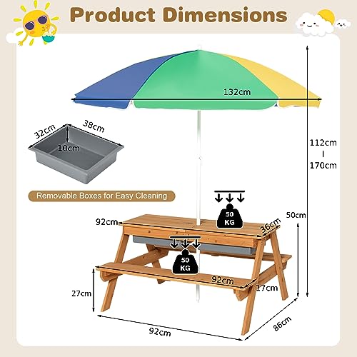 Mesa de Picnic para niños, Mesa de Juego de Agua y Arena de Madera 3 en 1 y Juego de Banco, Muebles de jardín para niños, sombrilla (Verde+Amarillo+Azul)