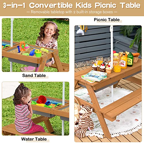 Mesa de Picnic para niños, Mesa de Juego de Agua y Arena de Madera 3 en 1 y Juego de Banco, Muebles de jardín para niños, sombrilla (Verde+Blanco)