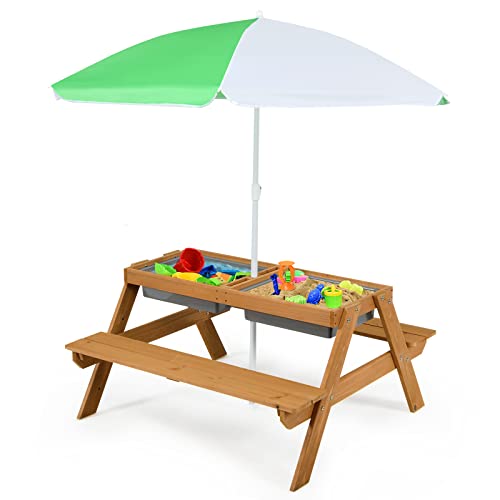 Mesa de Picnic para niños, Mesa de Juego de Agua y Arena de Madera 3 en 1 y Juego de Banco, Muebles de jardín para niños, sombrilla (Verde+Blanco)