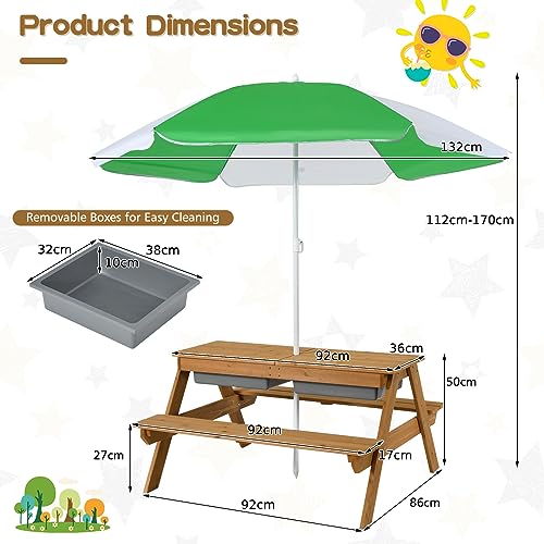 Mesa de Picnic para niños, Mesa de Juego de Agua y Arena de Madera 3 en 1 y Juego de Banco, Muebles de jardín para niños, sombrilla (Verde+Blanco)