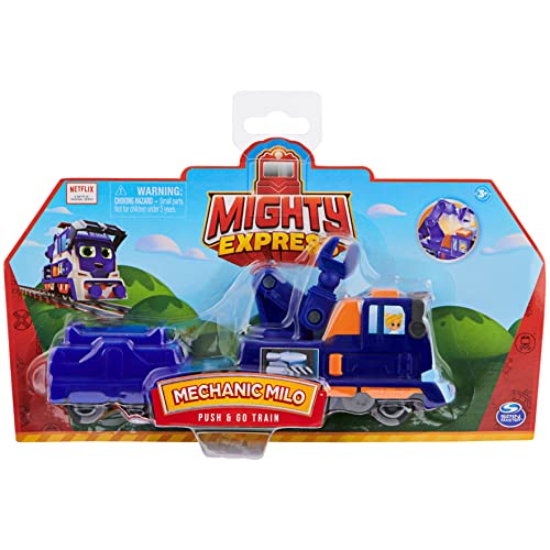 Mighty Express Push and Go Tren Mecánico Milo con vagón de Carga - Tren Manual a la Popular Serie de televisión, a Partir de 3 años