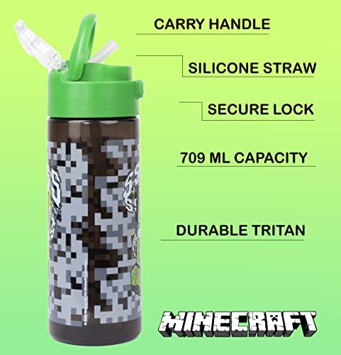 Minecraft - Botella de agua de plástico con pajita - Grey Creepers - Botella de agua para niños de videojuegos - 700 ml - Regalos Mercancía oficial