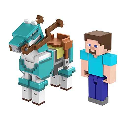 Minecraft Steve y caballo con armadura Pack 2 figuras de acción con accesorios, juguete +6 años (Mattel HDV39)