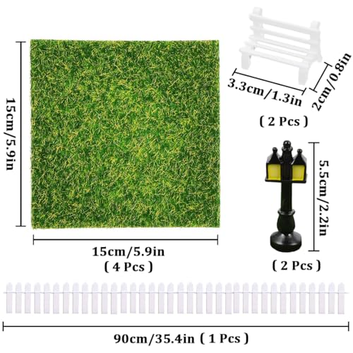 Miniatura casa de muñecas accesorios de Navidad, decoración en miniatura, musgo o césped artificial, banco de madera blanca, farola de calle, mini muebles de jardín, micropaisaje, miniatura,