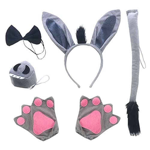 MIVAIUN 6 Piezas Disfraz Animal Conjunto de Disfraz Animal Set Diadema Orejas de Burro Guantes Pajarita Cola Nariz para Halloween Fiesta Temática Cosplay Accesorios de Cumpleaños (Gris)