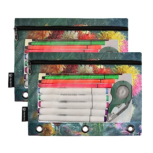 Mnsruu Wine and Dahlias Flowers Floral 3 Ring Binder Pencil Pouches with Zipper Clear Window Stationery Bag for Storing School Office Supplies, 2 Pack, multicolor, Talla única, Estuche de belleza