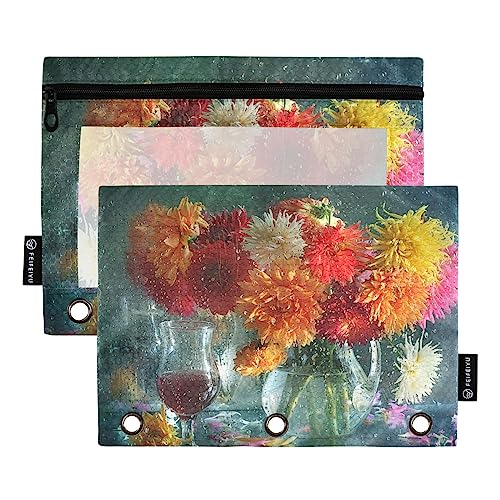 Mnsruu Wine and Dahlias Flowers Floral 3 Ring Binder Pencil Pouches with Zipper Clear Window Stationery Bag for Storing School Office Supplies, 2 Pack, multicolor, Talla única, Estuche de belleza