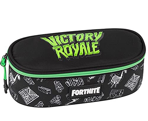 Mochila escolar compatible con las Fuerzas Victory Royale negro verde equipada redonda + estuche ovalado cremallera + Diario + regalo 7 bolígrafos disparos borrables con llavero de juego cubo