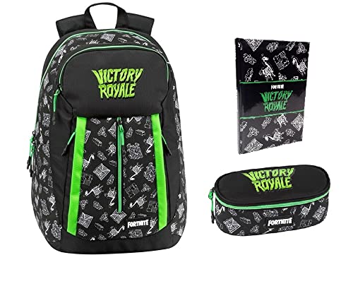 Mochila escolar compatible con las Fuerzas Victory Royale negro verde equipada redonda + estuche ovalado cremallera + Diario + regalo 7 bolígrafos disparos borrables con llavero de juego cubo