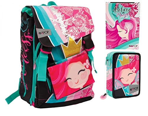 Mochila escolar GOPOP PRINCESS Princesa Juegos Preciosos 5 pop-up cierre disparador + estuche cremallera 3 pisos + diario 2022/2023 + regalo 7 bolígrafos