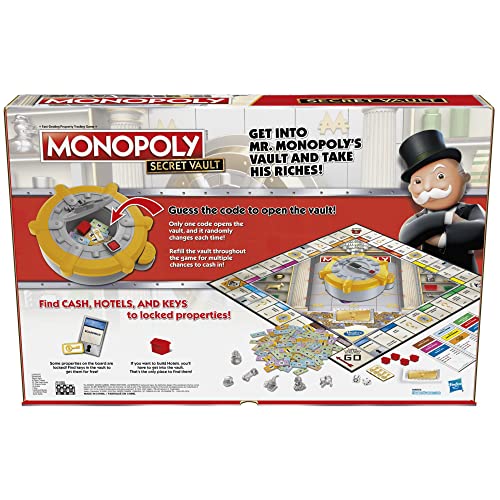 MONOPOLY Secret Vault - Juego de mesa para niños de 8 años en adelante, juego de mesa familiar para 2 a 6 jugadores, incluye bóveda