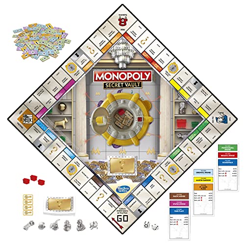 MONOPOLY Secret Vault - Juego de mesa para niños de 8 años en adelante, juego de mesa familiar para 2 a 6 jugadores, incluye bóveda