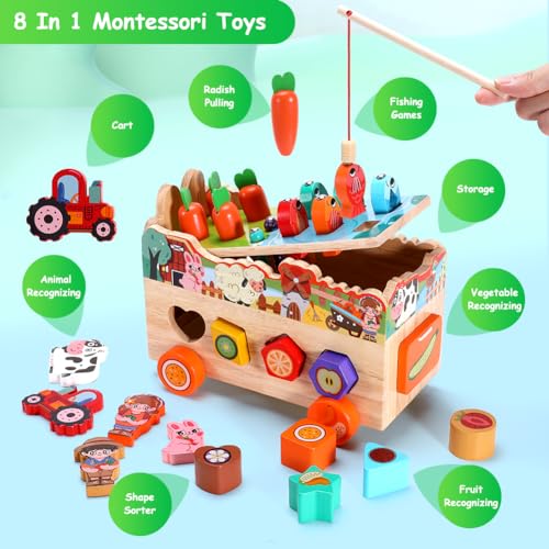 Montessori Juguete a partir de 1 año, 8 en 1, juguete de madera, juego de agricultura, juguete de motricidad, juego de clasificación, rompecabezas de madera, zanahorias, juego apilable, juguete