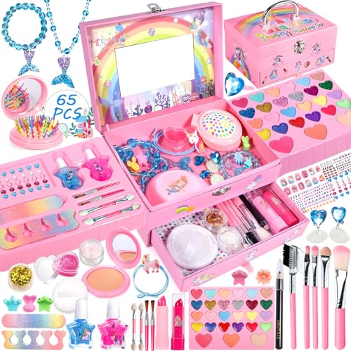 MOYKSRR Kit de Maquillaje Niñas , 65 PCS Lavable de Maquillaje, Juegos de Belleza Cosméticos, Tocador de Maquillaje Niña, Juguete de Maquillajepara cumpleaños para Princesas 5 6 7 8 9 10+ Años