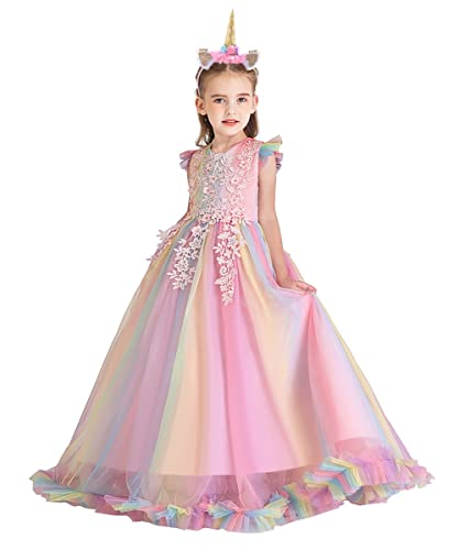 MYRISAM Niñas Disfraz de Halloween Princesa Vestido de Unicornio para Chicas Cumpleaños de Boda Carnaval de Fiesta de Cosplay Navidad Comunión Flor Vestidos de Baile con Diadema Arcoiris 9-10