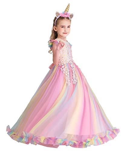 MYRISAM Niñas Disfraz de Halloween Princesa Vestido de Unicornio para Chicas Cumpleaños de Boda Carnaval de Fiesta de Cosplay Navidad Comunión Flor Vestidos de Baile con Diadema Arcoiris 9-10