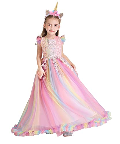 MYRISAM Niñas Disfraz de Halloween Princesa Vestido de Unicornio para Chicas Cumpleaños de Boda Carnaval de Fiesta de Cosplay Navidad Comunión Flor Vestidos de Baile con Diadema Arcoiris 9-10