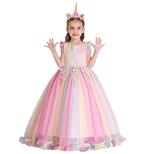 MYRISAM Niñas Disfraz de Halloween Princesa Vestido de Unicornio para Chicas Cumpleaños de Boda Carnaval de Fiesta de Cosplay Navidad Comunión Flor Vestidos de Baile con Diadema Arcoiris 9-10