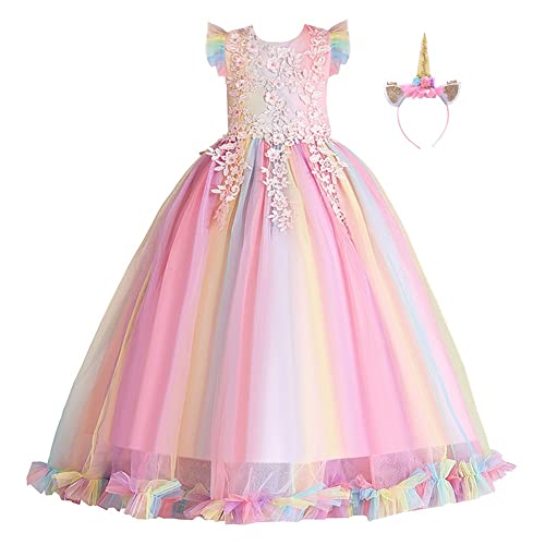 MYRISAM Niñas Disfraz de Halloween Princesa Vestido de Unicornio para Chicas Cumpleaños de Boda Carnaval de Fiesta de Cosplay Navidad Comunión Flor Vestidos de Baile con Diadema Arcoiris 9-10