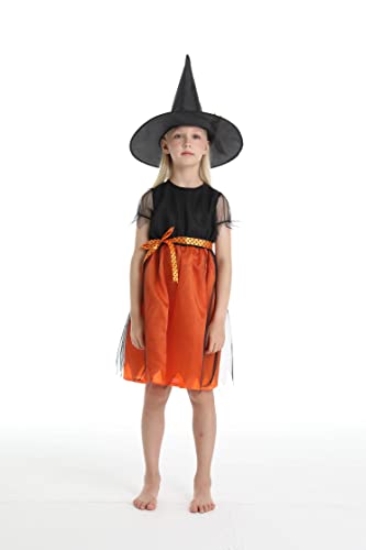 MYYBX Disfraz de Bruja para Niñas, Disfraz Halloween Niña con Sombrero Vestido de Bruja Infantil en Color Naranja para Cosplay Halloween, Carnaval y Navidad (M)