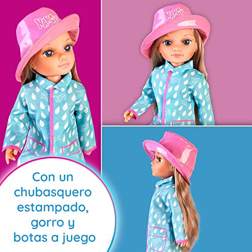 Nancy - Un look de lluvia, Set de ropita para muñecas fashion con complementos y ropa, sombrero, botas y chubasquero a juego de colores rosa y azul, para niños y niñas desde 3 años, Famosa (NAC29000)