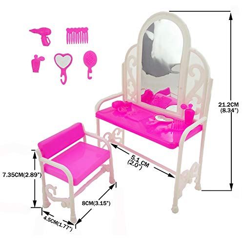 NCONCO 8 accesorios de muebles de princesa para niños, 1 juego de tocador + 1 juego de sofá + 1 juego de cama + 5 ganchos para muñeca Barbie