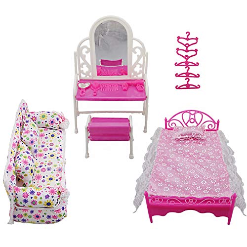 NCONCO 8 accesorios de muebles de princesa para niños, 1 juego de tocador + 1 juego de sofá + 1 juego de cama + 5 ganchos para muñeca Barbie