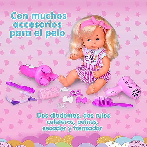 Nenuco - Peinaditos para el Cole, muñeco bebé Cuerpo Duro de 35 cm, de Pelo Rubio y Largo, para hacerle Peinados Diferentes, Muchos Accesorios como trenzador, Desde 2 años, Famosa (NFN60000)