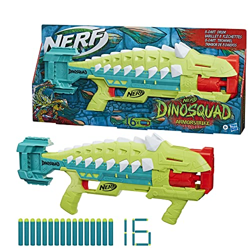 Nerf Lanzador DinoSquad Armorstrike - Tambor Giratorio de 8 Dardos, empuñadura extraíble, 16 Dardos - Diseño Anklyosaurus