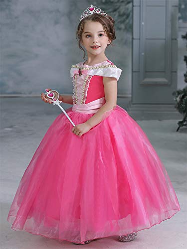 New front Disfraz de Bella Durmiente Vestido de Princesa Aurora Rosa Traje y Accesorio Cosplay de Fiesta Navidad Cumpleaños Halloween Carnaval 3-10 años (Rosa, 120)