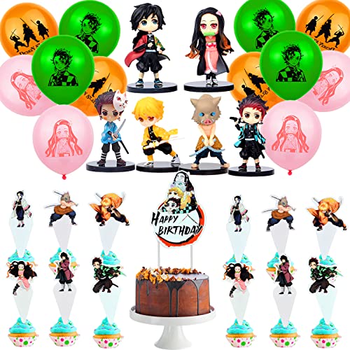 Newtic 31 piezas de Demon-Slayers cumpleaños decoración para tartas Demon-Slayers, figura de juguete, globos de Demon-Slayers, decoración de cumpleaños para niños