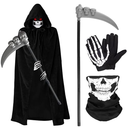 NEWUPZSI Disfraz Muerte Niño Capa Negra 90 cm Disfraz de la Muerte Halloween con Capucha con Guadaña Halloween, Guantes Esqueleto Mascara Calavera Guadaña Disfraz para Cosplay Carnaval