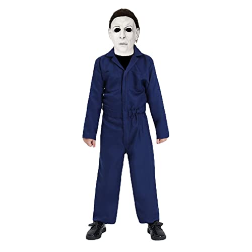 nezababy Disfraz de Michael Myers para niños, disfraz espeluznante, mono azul, traje de terror, juego de rol, disfraz de asesino, disfraz de Halloween para adultos, juego completo