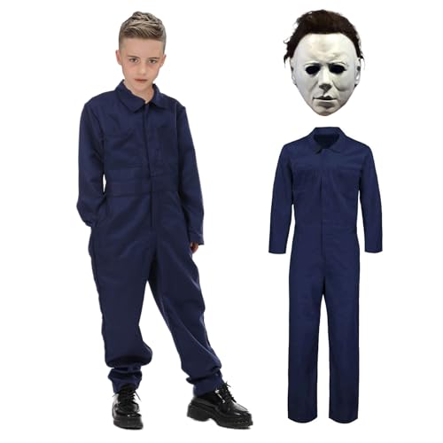 nezababy Disfraz de Michael Myers para niños, disfraz espeluznante, mono azul, traje de terror, juego de rol, disfraz de asesino, disfraz de Halloween para adultos, juego completo