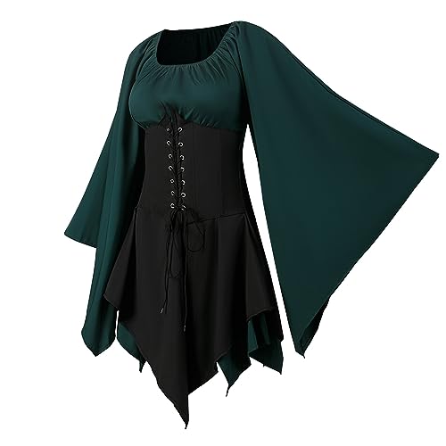 NFAOEGJ Vestido medieval con mangas de trompeta para mujer, vestido tradicional irlandés, vestido retro gótico renacentista, vestido de cosplay victoriano para Halloween, carnaval (verde, 3XL)