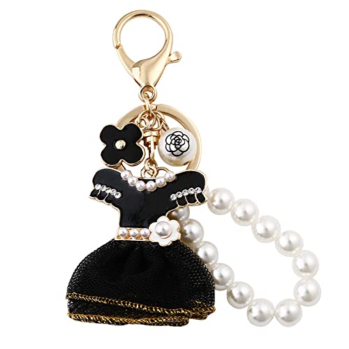 NingPower Creativo Pequeño Vestido Negro Llavero De Perlas Llavero Elegante Buena Suerte Colgante Llave Del Coche Bolso Bolso Charms Llavero Ornamento