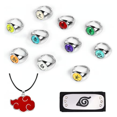 Niumowang Anillos Anime Set, 10 Piezas Anillos Anime, Anillos Akatsuki, Accesorios Anime para Cosplay, con Cadena, diadema, collar, para Cosplay, Accesorios Anime, Hombres, Mujeres (A)