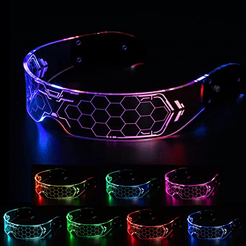 NIWWIN LED enciende las gafas, gafas luminosas futuristas, gafas de alambre con 7 tipos de modos de iluminación de vidrios electrónicos de neón, suministros de fiesta (Hexágono)