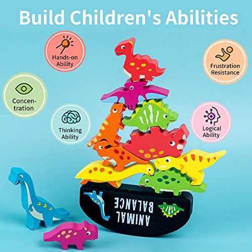 OBEST Juego de Apilamiento Madera Equilibrio Dinosaurios, Juego Balanceo Bloques Educativos, Juguete de Madera Montessori motricidad apilable Juego clasificación para niños de 3 4 5 años Niños(15PCS)