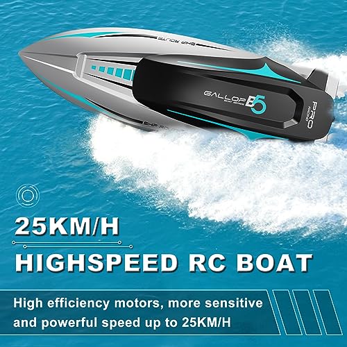 OBEST Juguete Barco Teledirigido con LED Luz, 20+ km/h RC Barco Alta Velocidad, 2,4 GHz Control Remoto Lancha Tiburón con 2 Baterías Recargable, Piscina Agua Barco Eléctrico Juguete para Niños y Niñas