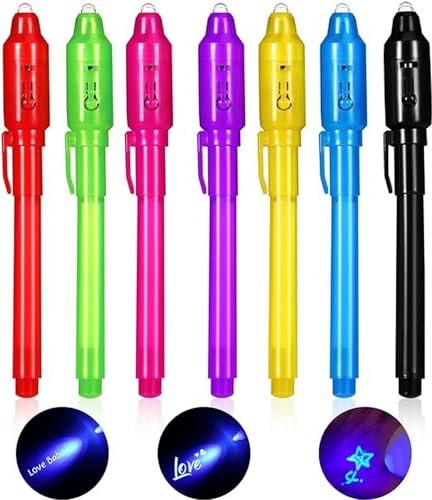 Oderra 7 Piezas Boligrafo Tinta Invisible, Boli Magico Luz Ultravioleta para Escribir mensajes secretos y niños fiestas | Regalos Fiesta Cumpleaños Infantil