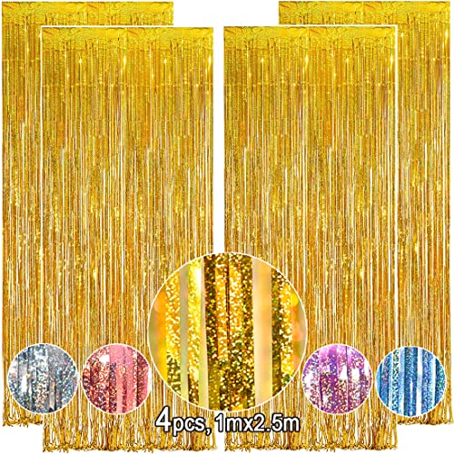 OEMG Cortinas de Espumillón 4 Pack Metálicas de Oropel Streamer Dorada Telón de Fondo Cortina de Borla Fringe Cortina de Brillo para Decoraciones Boda Fiesta de Cumpleaños Navidad (1X2,5m)