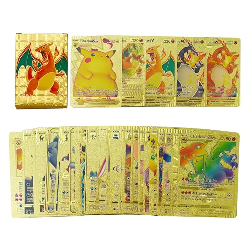 OKsolaca Cartas Poke Doradas,Poke Cartas 57 Pcs(Gx+Vstar+Vmax+v),Cartas Poke Vmax Cartas Poke Gx Material De Lámina De Oro(Not Cartas Poke Metalicas) Cartas Poke Español(Not Cartas Poke Originales)