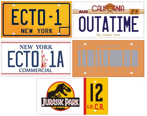 OPO 10 - Lote de 5 réplicas de matrículas de los Coches de Las 3 películas Jurassic + Ghostbusters + Back TO The Future (PF04)