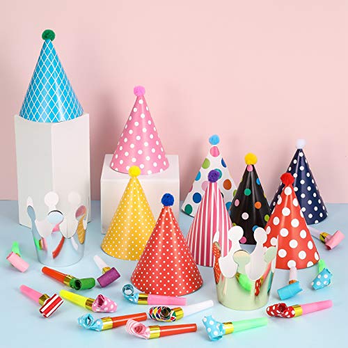 Opopark 11 sombreros de cono de fiesta de cumpleaños con pompones, 15 piezas de soplado de fiesta, sombrero de papel y soplados para niños y adultos, decoración de cumpleaños, Navidad y Año Nuevo