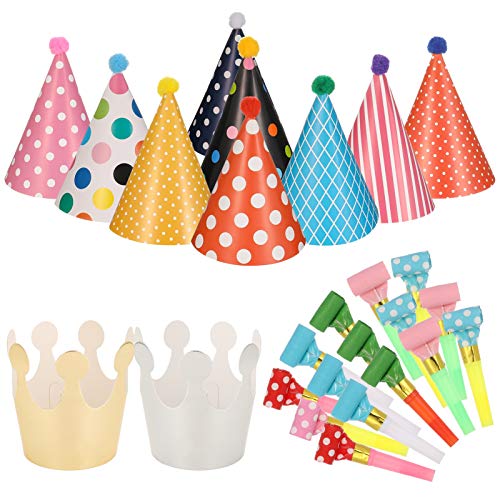 Opopark 11 sombreros de cono de fiesta de cumpleaños con pompones, 15 piezas de soplado de fiesta, sombrero de papel y soplados para niños y adultos, decoración de cumpleaños, Navidad y Año Nuevo