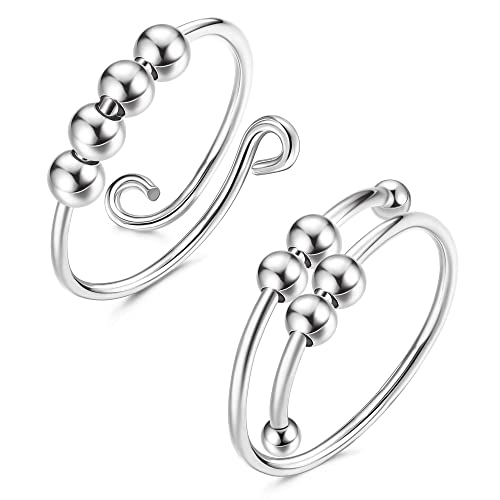 ORAZIO Anillos Antiestrés para la Ansiedad con Cuentas de Plata de Ley 925 Ajustable Antiansiedad Anillo de Dedo para Aliviar el Estrés Spinner Anillos Regalo para Mujeres Niñas Sus Hombres